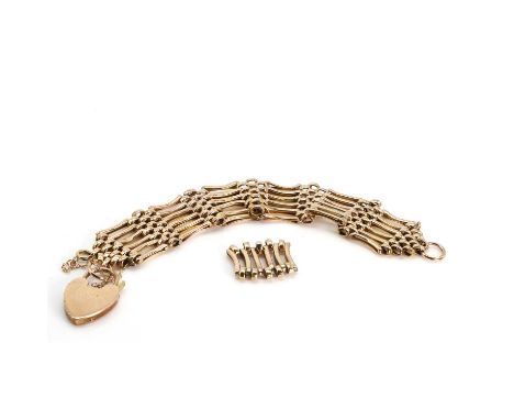 A 9ct gold gate bracelet, featuring six rows of gate links, to a heart shaped clasp, with extra spare link, 170mm long, stamp