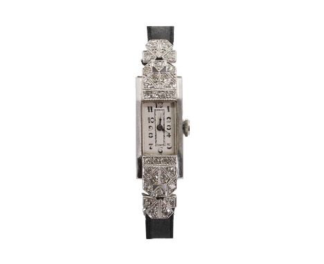 A ladies' Art Deco platinum and diamond mechanical cocktail watch, a rectangular case, 25 x 16mm, with eight cut diamond set 