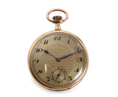 An 18ct gold pocket watch, with a 45mm diameter case, engraved a gilt engine turned dial, black Arabic numerals, blued spade 