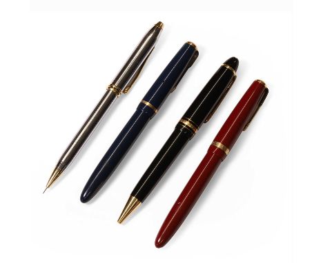 A group of four pens, comprising a Montblanc Meisterstuck ball point pen, a chrome and gilt metal 0.5mm pencil, by Cross, sig