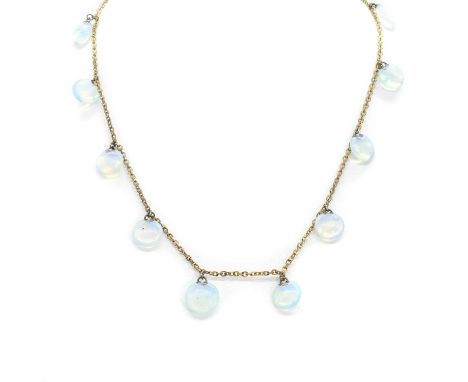 An early 20th century opaline glass necklace and earring set, the necklace with circular opaline glass drop beads, all peg se