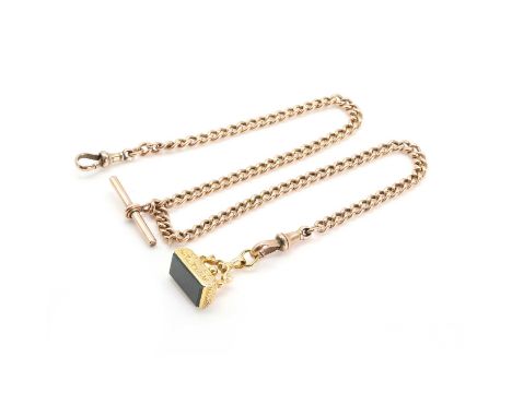 An Albert chain and a 9ct gold bloodstone fob, a hollow curb link chain, with a T bar to the centre and swivel clasp to each 