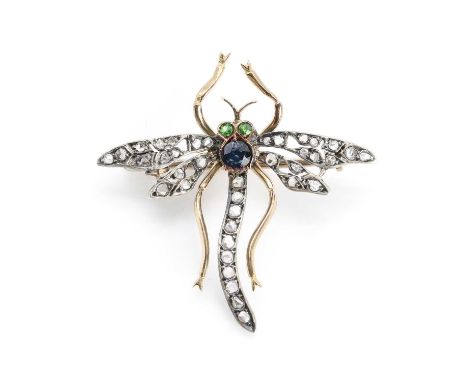 A late Victorian dragonfly brooch, the body and the wings grain set with rose cut diamonds, the abdomen collet set with a rou