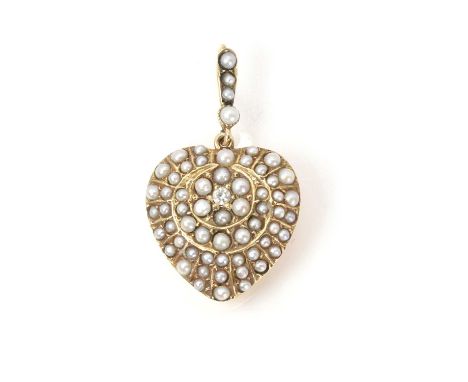 A split pearl heart shaped pendant, the hollow heart with a central crescent and starburst design to the front, set overall w