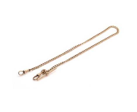 A 9ct rose gold Albert chain, with solid curb links, suspending a T bar, to a swivel to each end, 440mm long, stamped 9 375 t
