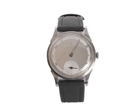 A gentlemen's stainless steel Omega mechanical strap watch, c.1940s,  with a 31mm diameter case, a silvered dial, Arabic and 