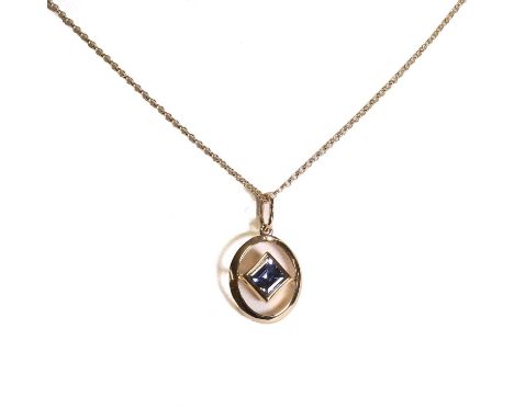 A 14ct gold tanzanite birthstone pendant on chain, by Annoushka, with a central square step cut tanzanite, bezel set to an ov