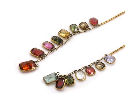 An early 20th century harlequin necklace,  damaged. A series of varicoloured gemstone drops, to include hessonite garnet, yel