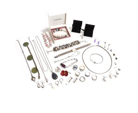 A group of silver and costume jewellery, to include a Pandora charm bracelet, labradorite pendant, a pair of labradorite stud