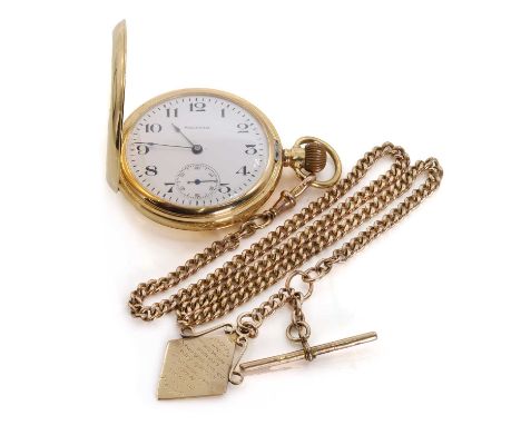 An 18ct gold top wind hunter pocket watch,  with a 50mm diameter case, a white enamel dial signed Waltham, black Arabic numer