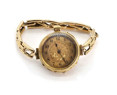 An 18ct top wind fob/bracelet watch, 32mm ornate case, with an engine-turned gilt dial with floral decoration to centre, Arab