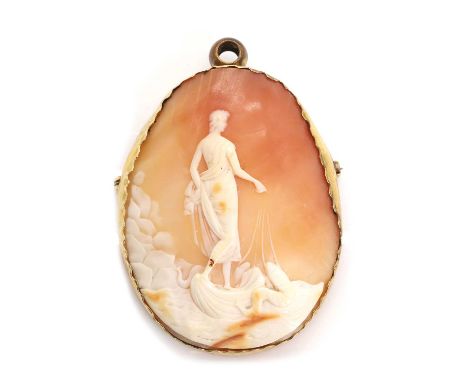 A large shell cameo brooch, the oval carved shell cameo depicting a fisherman floating upon a shell, set to a scalloped mount