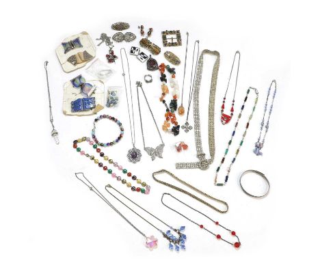 A collection of silver, costume jewellery and vintage buckles, to include a silver adjustable bangle, London 1978, an early 2
