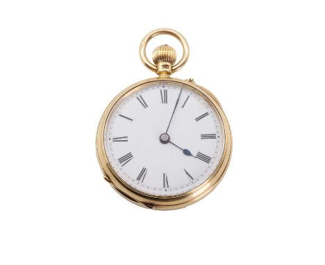 An 18ct gold open faced top wind pocket watch, the 38mm diameter case with a hand engraved monogram verso, a white enamel dia