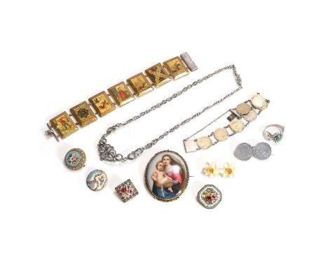 A group of antique and later costume jewellery, comprising a marcasite link necklace, a hardstone ring, a South African sixpe