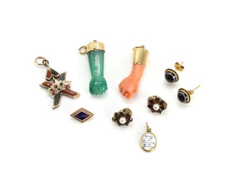 A group of antique and later jewellery, comprising a gold mounted coral and diamond Portuguese Mano Figa pendant, a gold moun