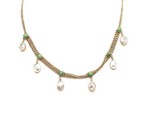 An Edwardian turquoise and blister pearl necklace, the central section composed of two rows of curb chain links with cabochon