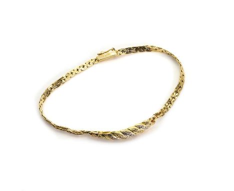 An 18ct gold diamond set bracelet, a hollowed two colour crescent accented with eight cut diamonds, crescent compressed and t