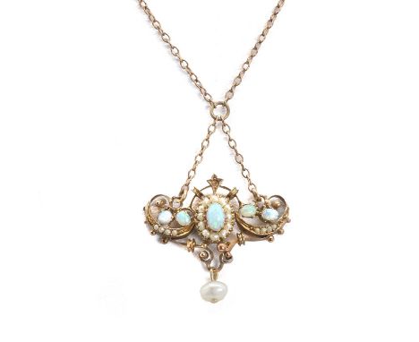A late Victorian opal and split pearl necklace, with an opal and split pearl cluster to the centre of a scrolling frame furth