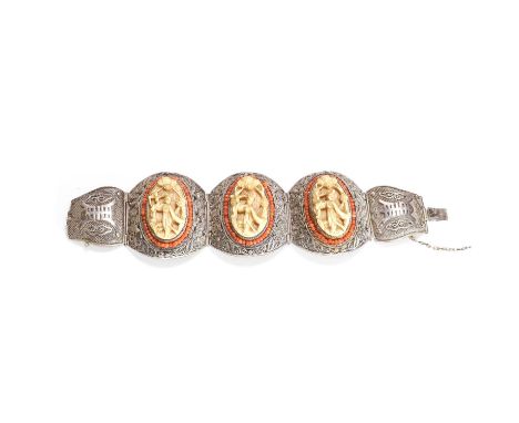 A Chinese export silver filigree panel bracelet, first half of 20th century; with inset carved bone plaques within a surround