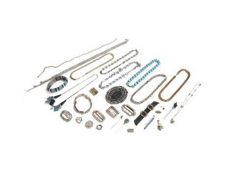 A collection of Victorian and later paste and costume jewellery,  to include a paste choker, 390mm long, a silver paste stick