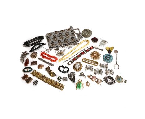 A collection of antique and vintage costume jewellery, to include an Art Deco enamel buckle, two Victorian cut steel buckles,