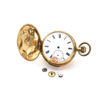 An 18ct gold side wind hunter pocket watch, with a 48mm diameter case, a white enamel dial, enamel dial loose, chipped and cr