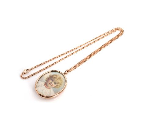 A 9ct rose gold miniature pendant, an oval double sided miniature, with glazed panels to both sides and spectacle set in a ro