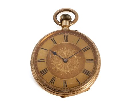 A top wind open-faced pocket watch, with an engraved 39mm diameter case, a gilt dial with engraved and engine turned detail, 