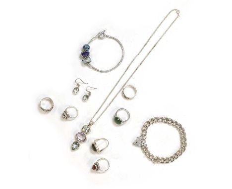 A collection of silver and costume jewellery, to include a pair of silver aquamarine drop earrings, to hook fittings, 35mm lo