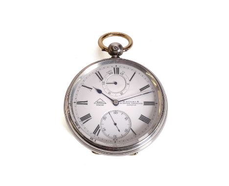 A silver open faced key wind pocket watch, by Dent,  a 53mm diameter case, with a white enamel dial, black Roman numerals, bl