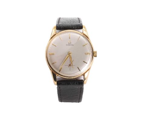 A gentlemen's 9ct gold Omega mechanical strap watch, c.1961,  33mm case, with a silvered dial, raised gilt batons, gilt dauph