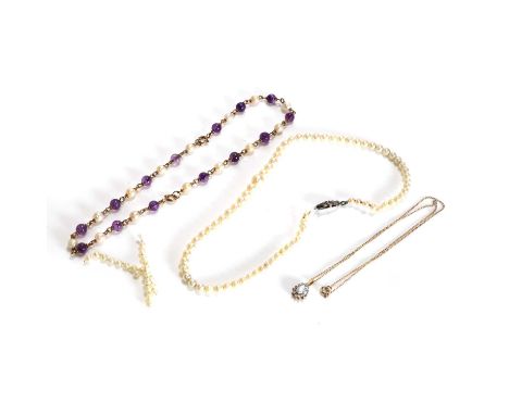 A group of three necklaces, including, an amethyst and pearl necklace that separates into two bracelets, stamped 9ct, a cubic