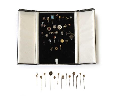A large collection of stick pins, to include gold, silver, rolled gold, and gilt metal stick pins, 61.97g total (qty)Conditio