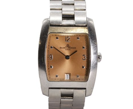 A stainless steel Baume & Mercier quartz bracelet watch,  with a tonneau shaped case, 19mm x 39mm, a champagne dial, applied 