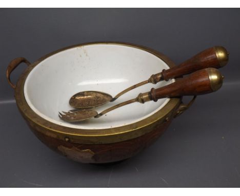 Edwardian oak and previously silver plated mounted salad bowl, with white ceramic liner plus servers 