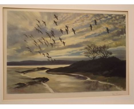 Peter Scott, signed in pencil to margin, coloured print, published 1941, Geese in flight over an estuary, 14 x 21ins (Note: l