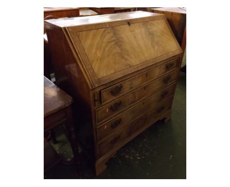 19th century mahogany drop fronted bureau, fitted with four full width drawers on ogee bracket feet, 36 ins wide x 20 ins dee