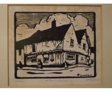 Alfred R Blundell, signed in pencil to margin, dated 1912, black and white woodcut, "Old House at Lavenham", 6 x 7 1/2 ins an