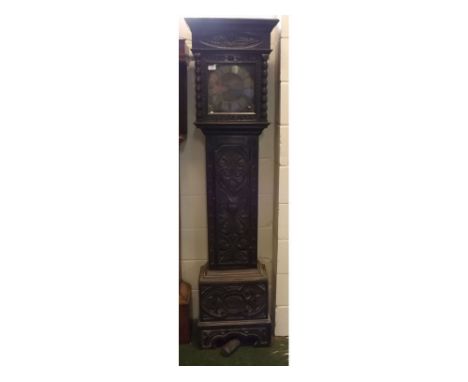 18th century and later stained and carved 30-hour long case clock, R Henderson - Scarborough, the case with overhanging corni