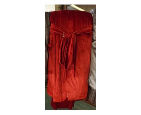 Long pair of red velvet type curtains, each with drop of approx 8ft 6ins and width of approx 4ft 4ins 