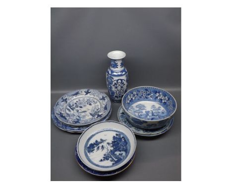 Group of blue and white wares including Copeland Spode "Tower" pattern bowl, Chinese willow pattern bowl, 8 1/2 ins diameter,