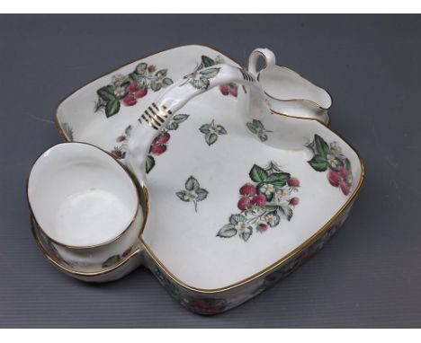 Hammersley & Co porcelain strawberry dish set, complete with cream jug and sugar bowl, 10 1/2 ins x 10 1/2 ins overall 