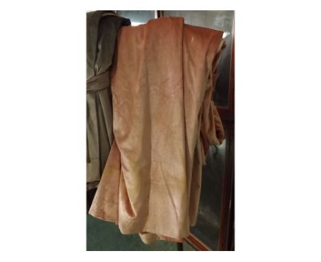 Long pair of pink velvet type curtains, with triple fixed tab, drop 8ft 9ins, width 4ft 