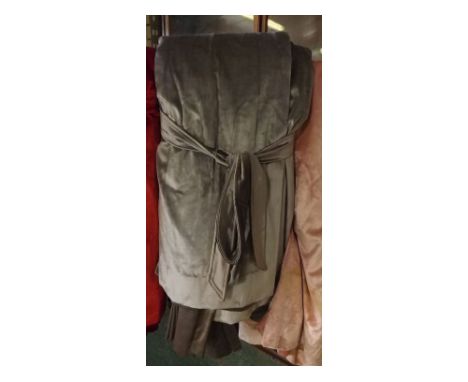 Long pair of grey velvet type curtains, each with drop of approx 7ft 6ins and width of approx 3ft 20ins 
