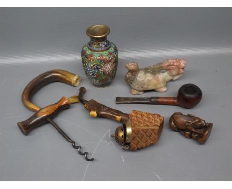 Mixed Lot: a small Champleve decorated Oriental vase, 4 1/4 ins tall, two pipes, corkscrew, horn cane handle, soapstone ornam