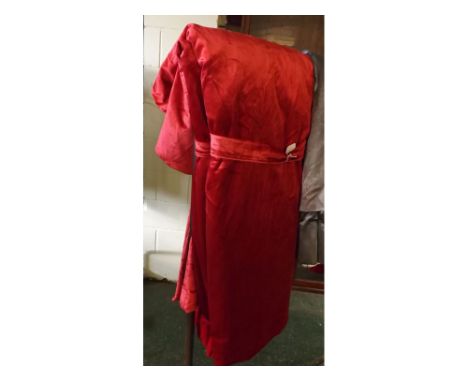 Long pair of red velvet type curtains, each with drop of approx 8ft 6ins and width of approx 4ft 4ins 