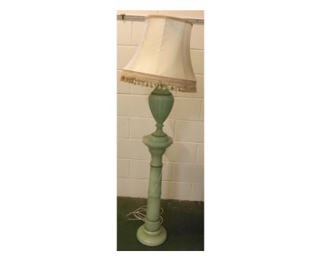 Tall mid-20th century green onyx table lamp with shade, together with matching illuminated green onyx stand, the lamp 23 ins 