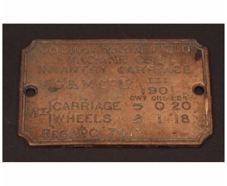 Early 20th century brass machine gun registration number plate, of rectangular form with screw-hole fixings, "303" Maxim fiel
