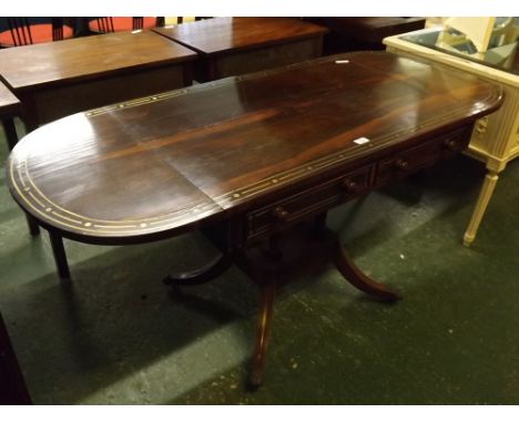 Regency Style rosewood veneered pedestal sofa table, with two drop flaps, brass inlaid detail throughout, two drawers and two